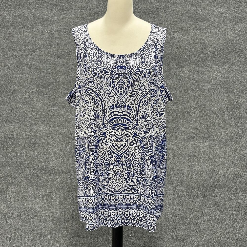 Susan Graver Tank Top Womens 3XL Blue White Paisley Sleeveless Stretch Blouse